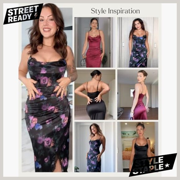 Satin Midi Dress with Built-in Shapewear and Lace Trim Bra - Picture 2 of 7